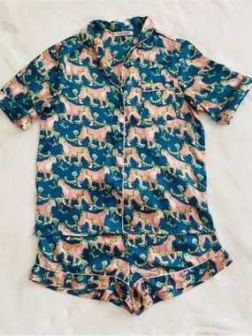 Silky Teal Short Pajama Set with Pink Leopard Print
